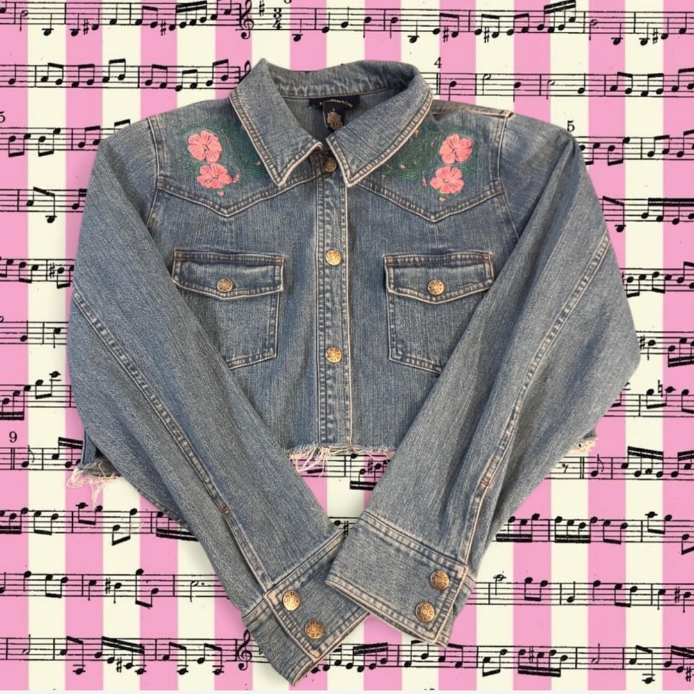 Denim&Co Blue Jean Jacket with Pink Floral Accents